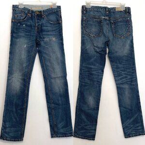 COHESIVE CO Mens Dark Wash Distressed Embroidered Button Fly Ripped Jeans 29x33